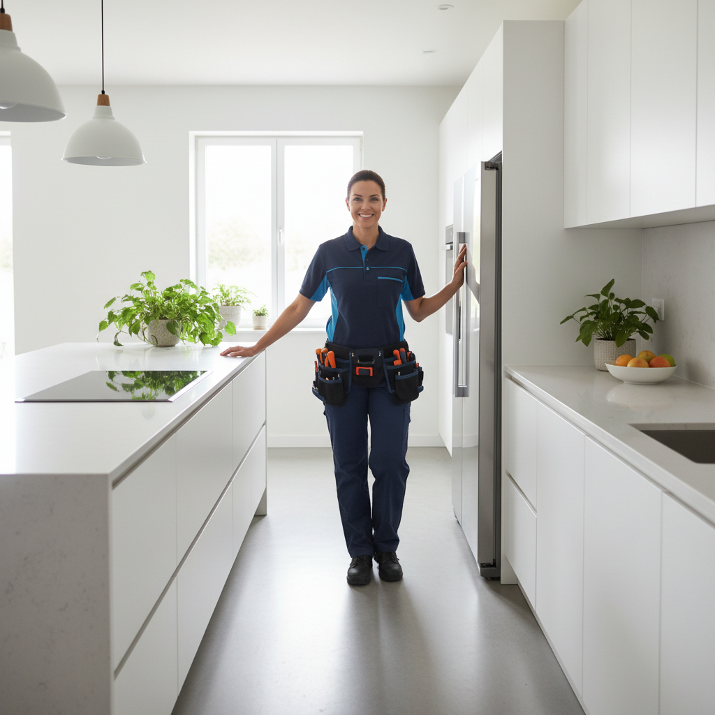 Appliance repair technician in a bright modern kitchen