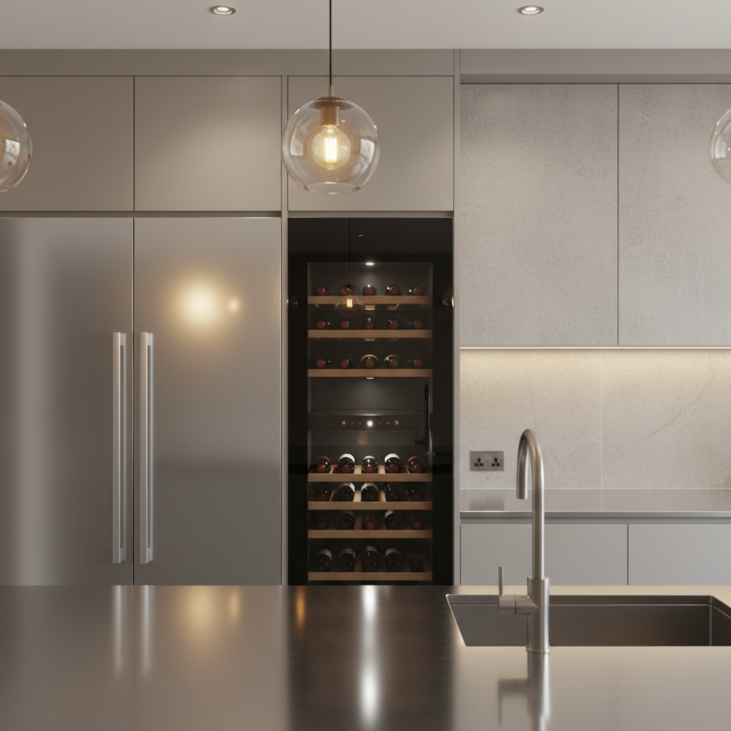 High-end kitchen with built-in refrigerator and wine cooler