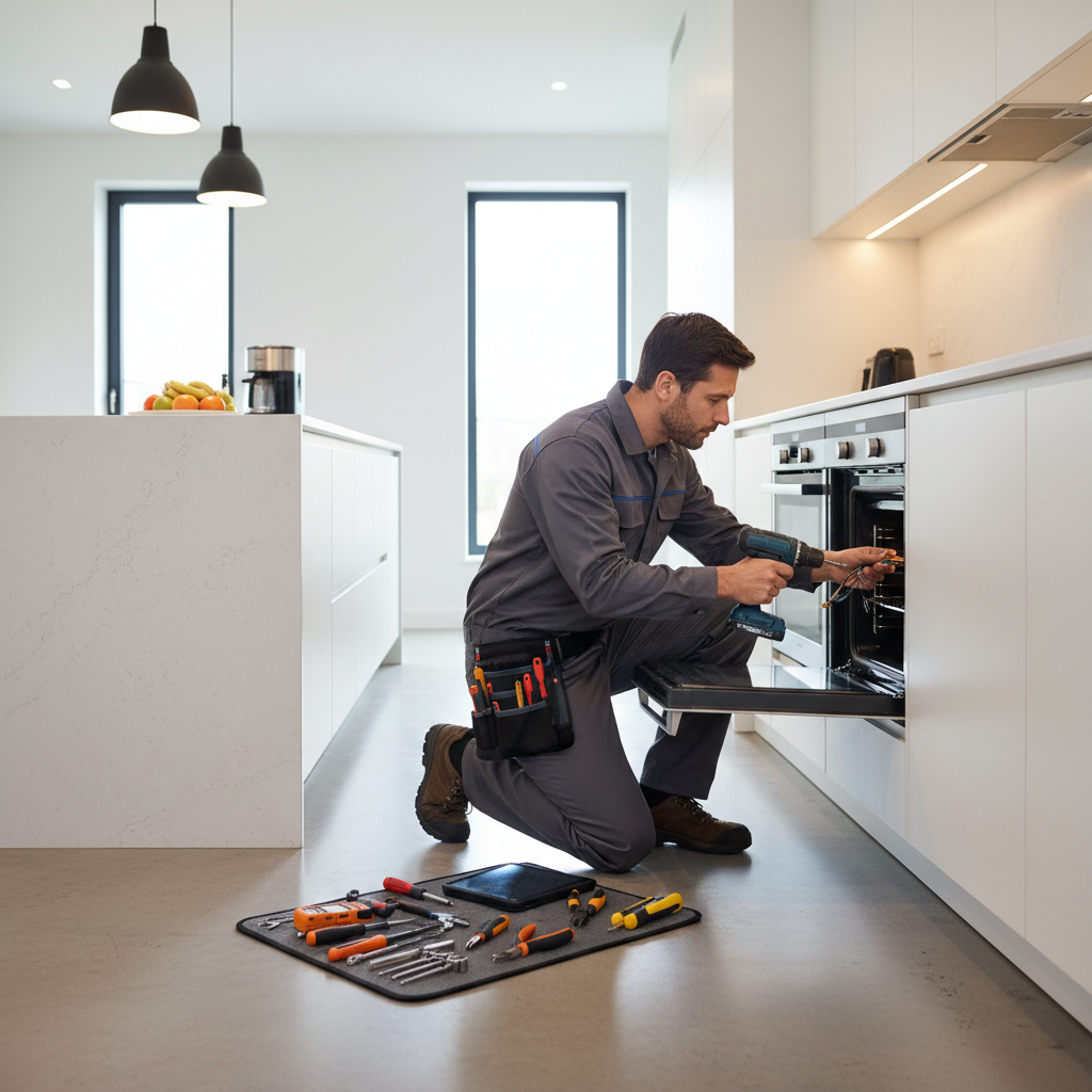 Technician repairing a built-in oven in a modern kitchen